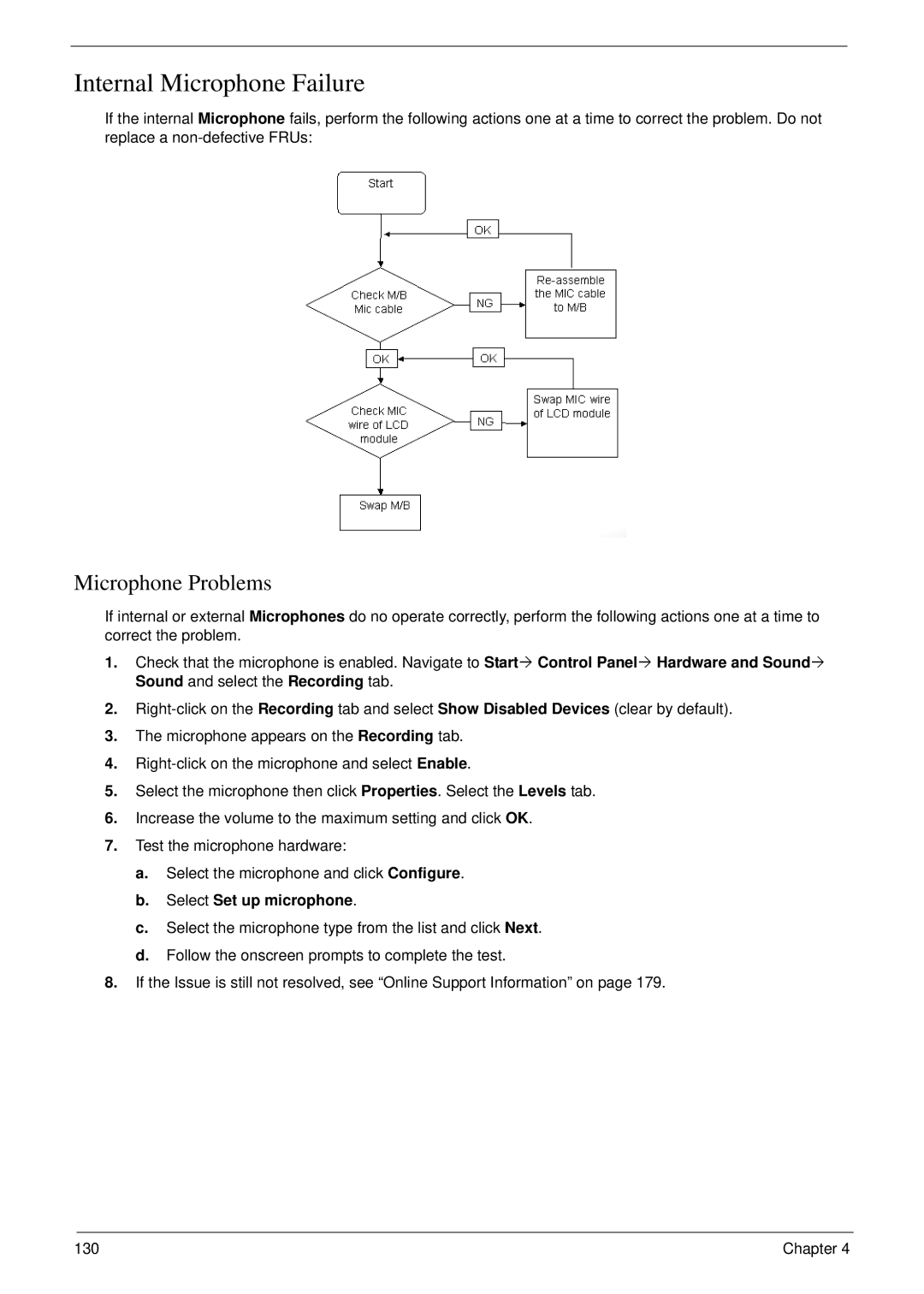 Acer 4730 manual Internal Microphone Failure, Microphone Problems, Select Set up microphone 