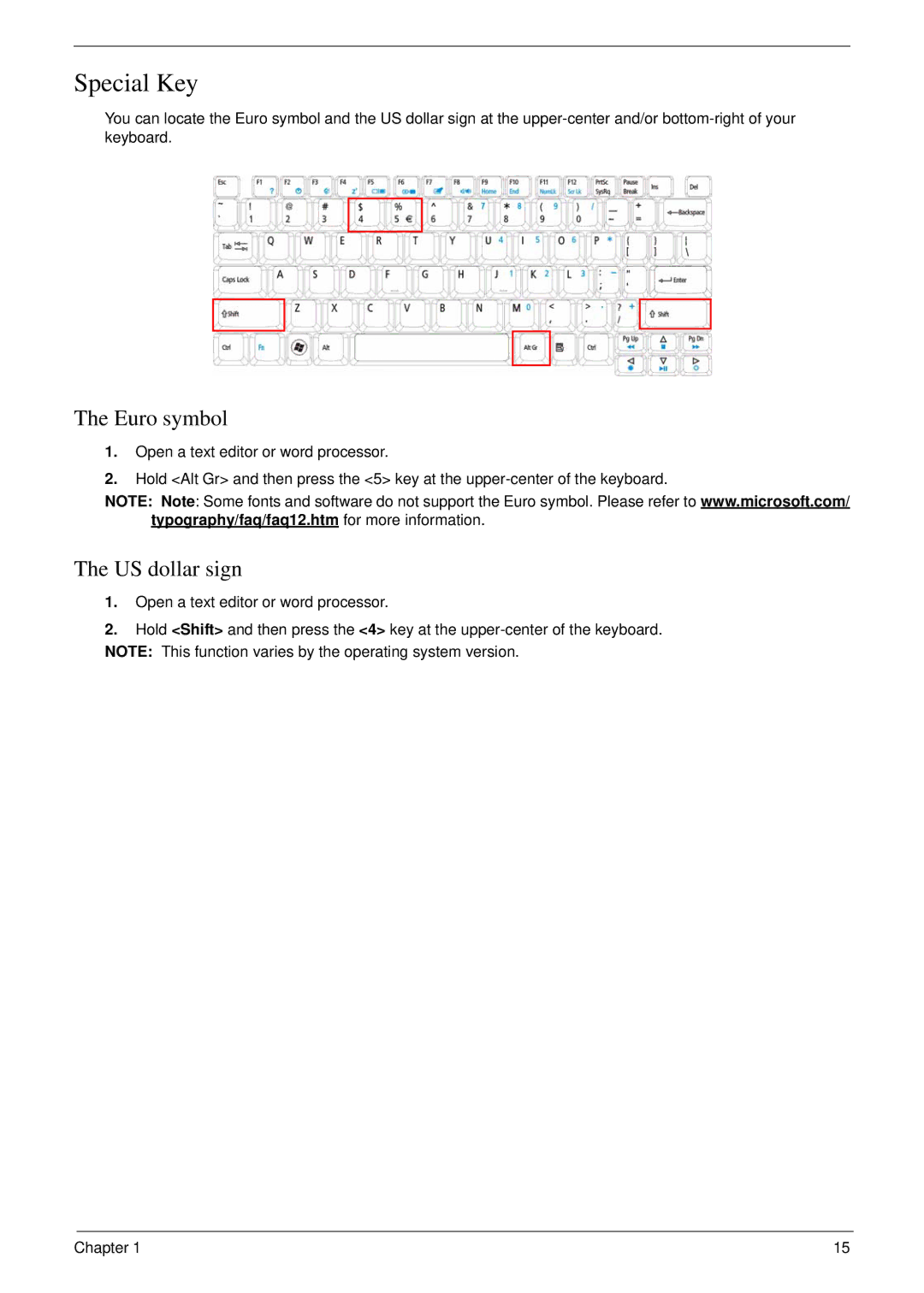 Acer 4730 manual Special Key, Euro symbol, US dollar sign 