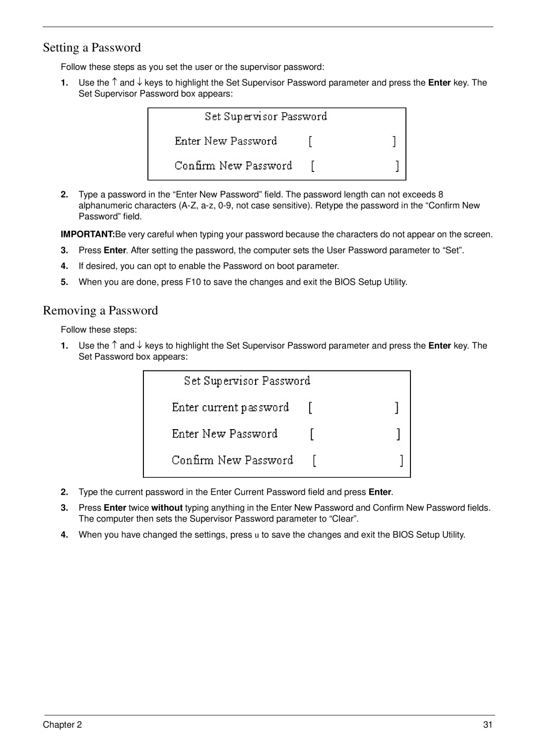 Acer 4730 manual Setting a Password, Removing a Password 