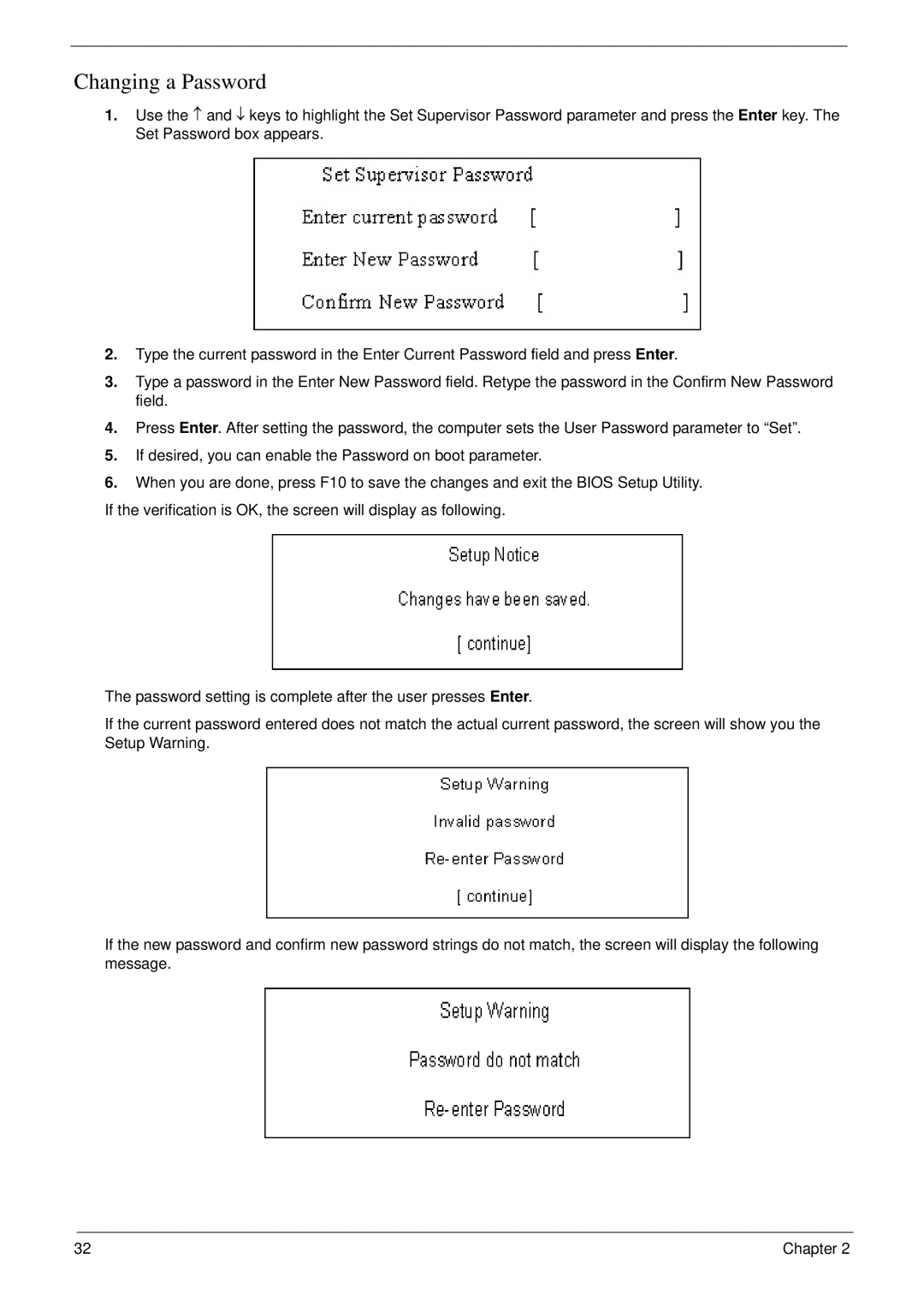 Acer 4730 manual Changing a Password 