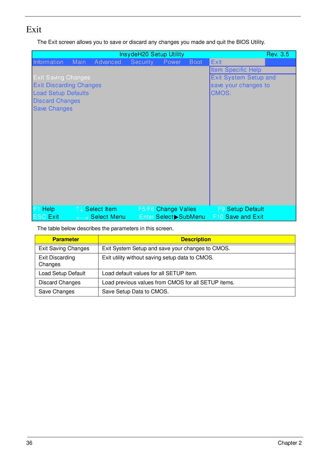 Acer 4730 manual Exit Saving Changes 