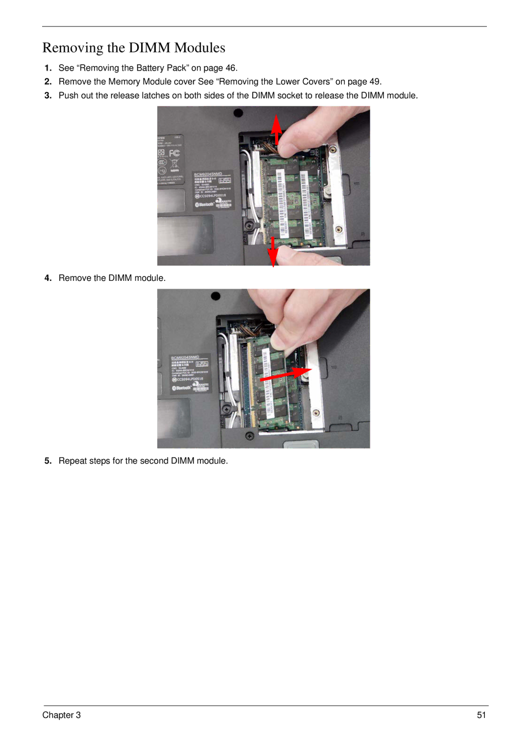 Acer 4730 manual Removing the Dimm Modules 