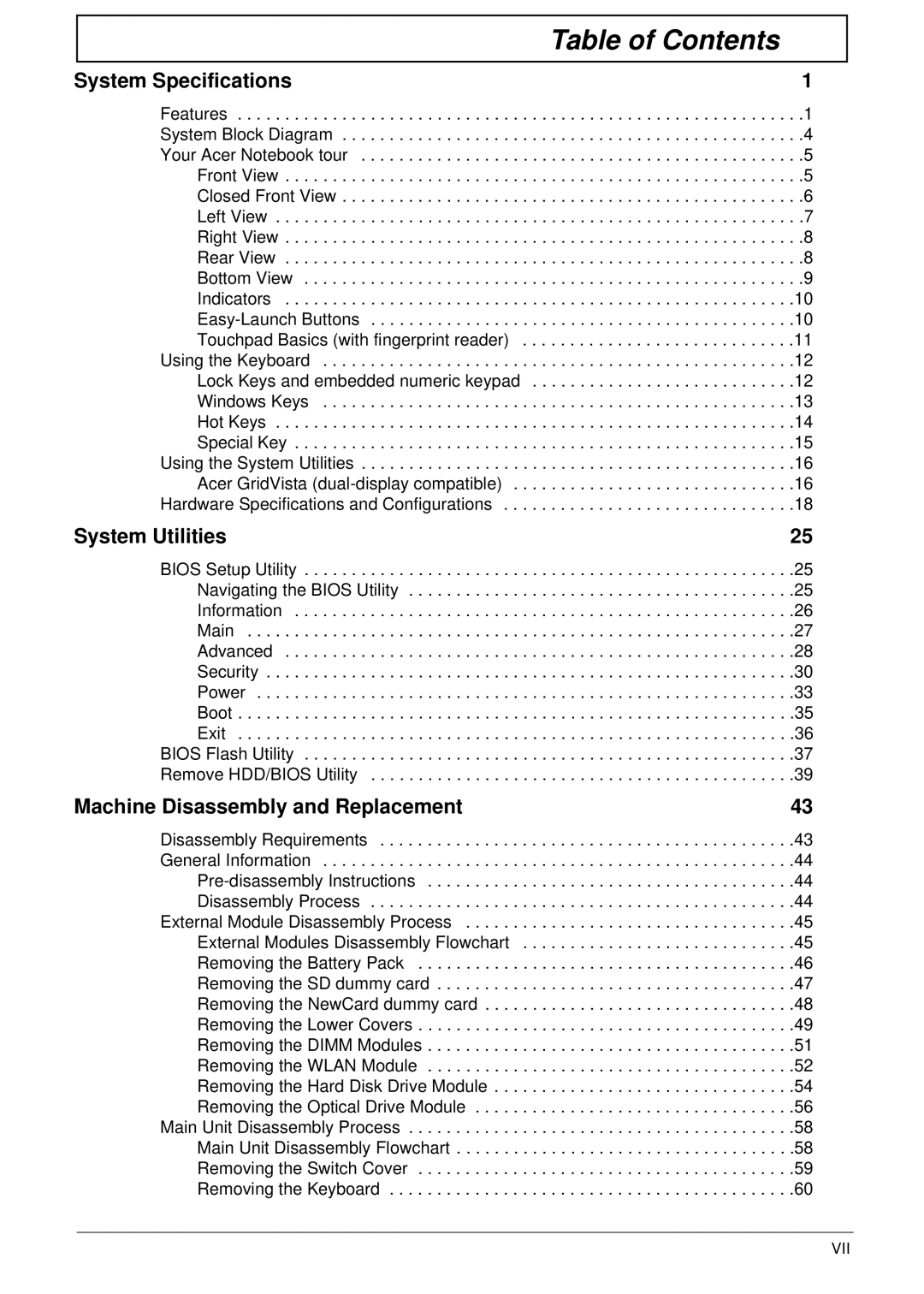 Acer 4730 manual Table of Contents 