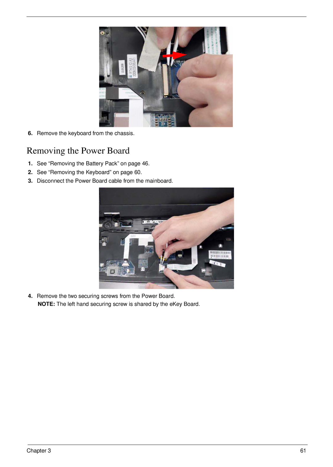 Acer 4730 manual Removing the Power Board 