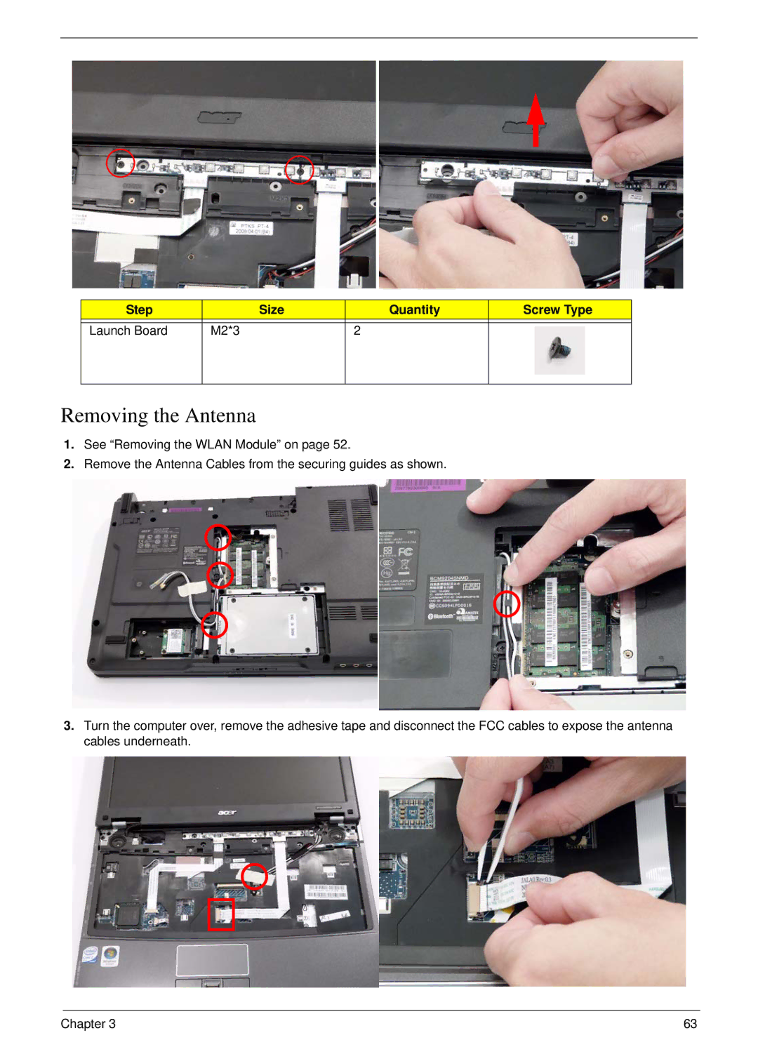 Acer 4730 manual Removing the Antenna, Step Size Quantity Screw Type Launch Board M2*3 