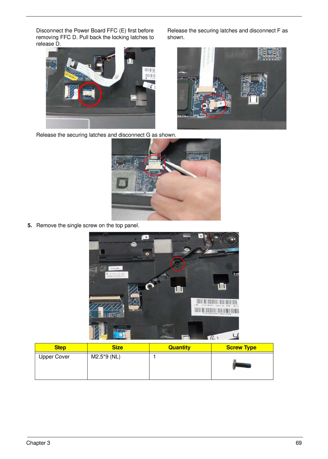 Acer 4730 manual Step Size Quantity Screw Type Upper Cover M2.5*9 NL 