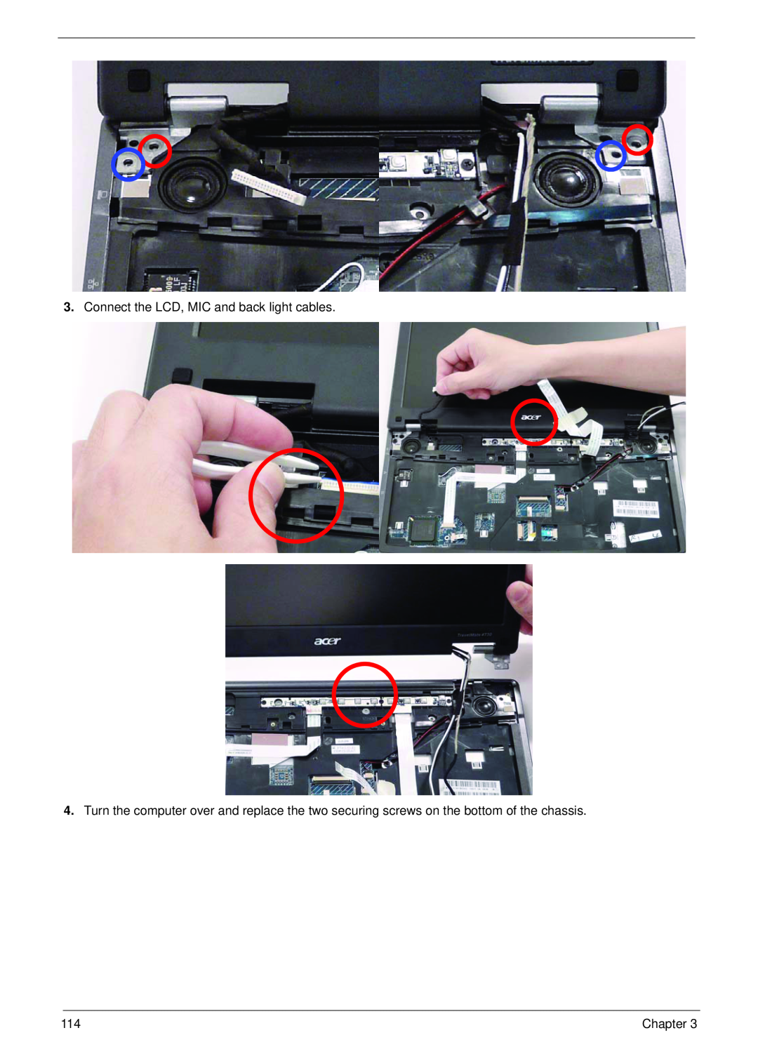 Acer 4730 manual Connect the LCD, MIC and back light cables, Chapter 