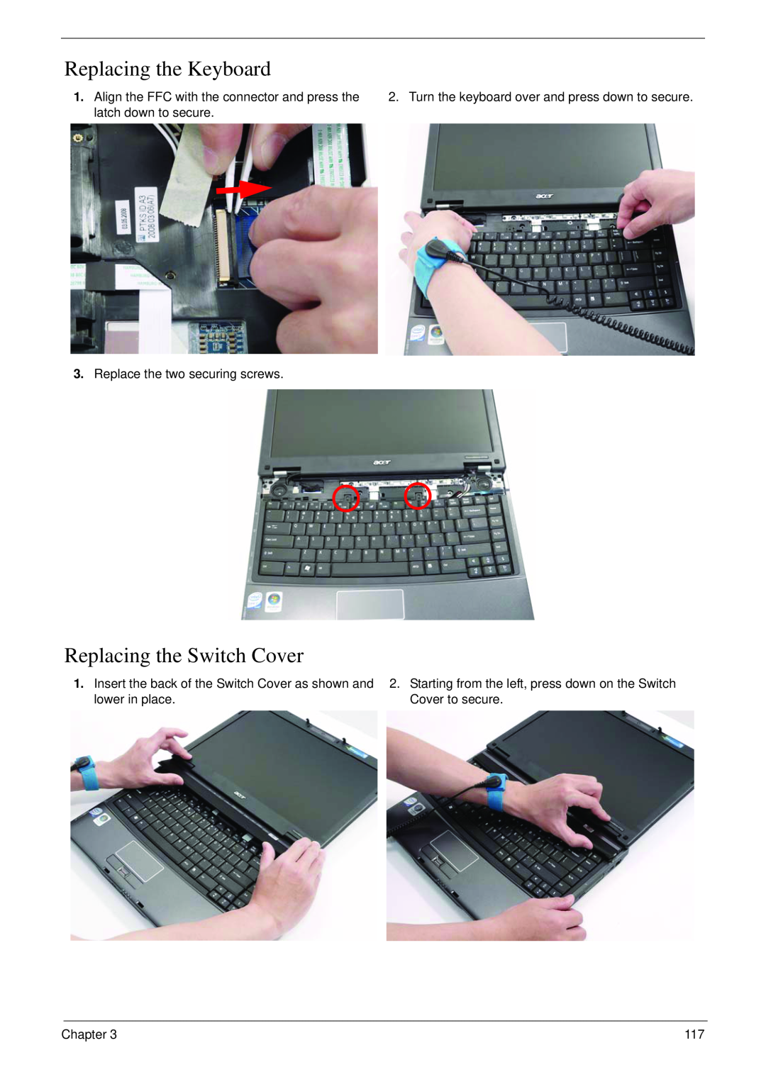 Acer 4730 Replacing the Keyboard, Replacing the Switch Cover, Turn the keyboard over and press down to secure, Chapter 