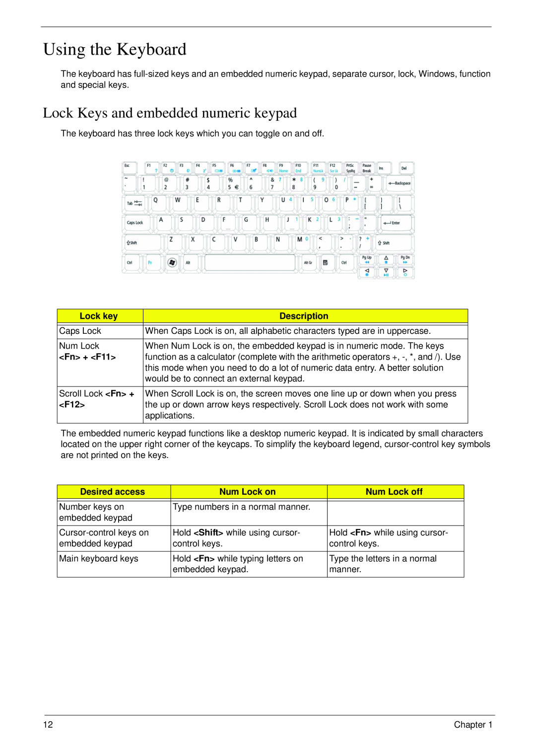 Acer 4730 manual Using the Keyboard, Lock Keys and embedded numeric keypad 