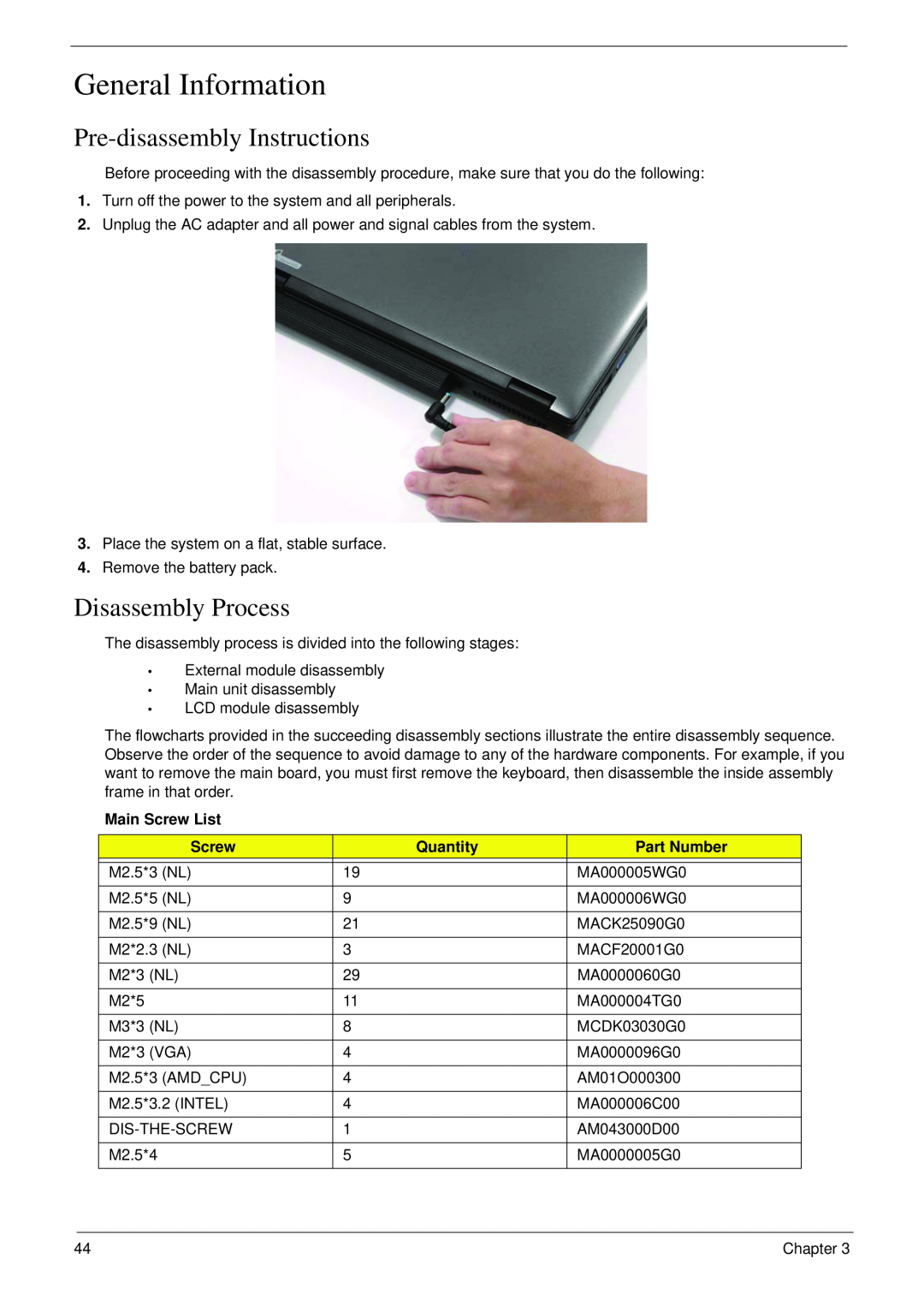 Acer 4730 manual General Information, Pre-disassembly Instructions, Disassembly Process 