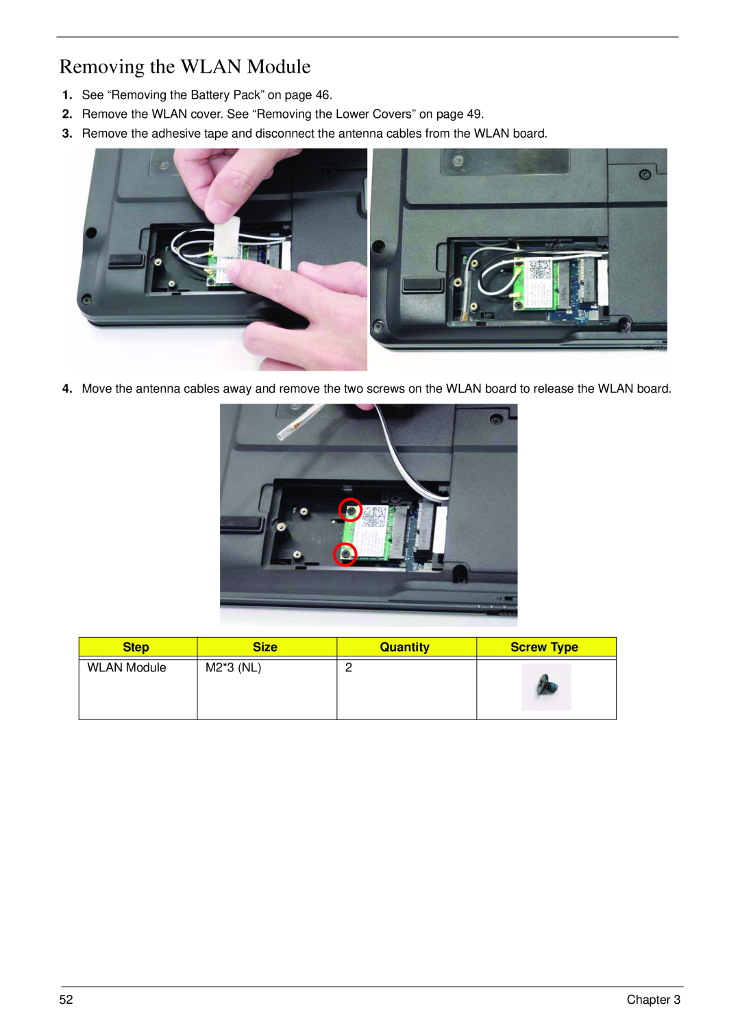 Acer 4730 manual Removing the WLAN Module, Step, Size, Quantity, Screw Type, M2*3 NL 
