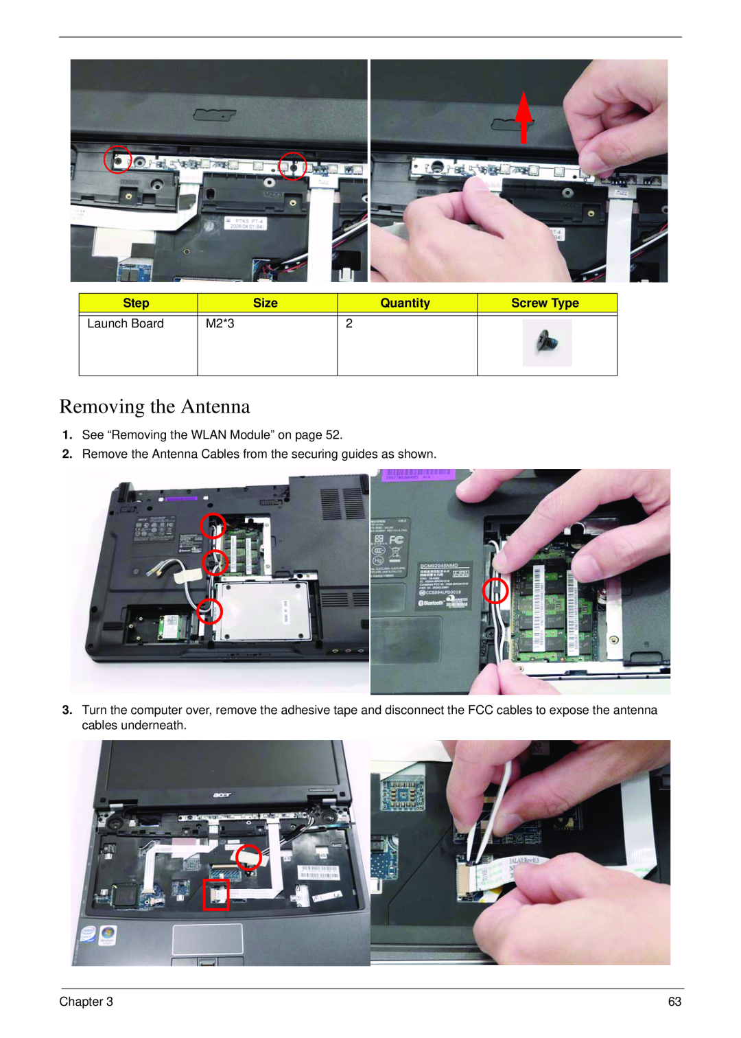 Acer 4730 manual Removing the Antenna, Step, Size, Quantity, Screw Type, Launch Board, M2*3 