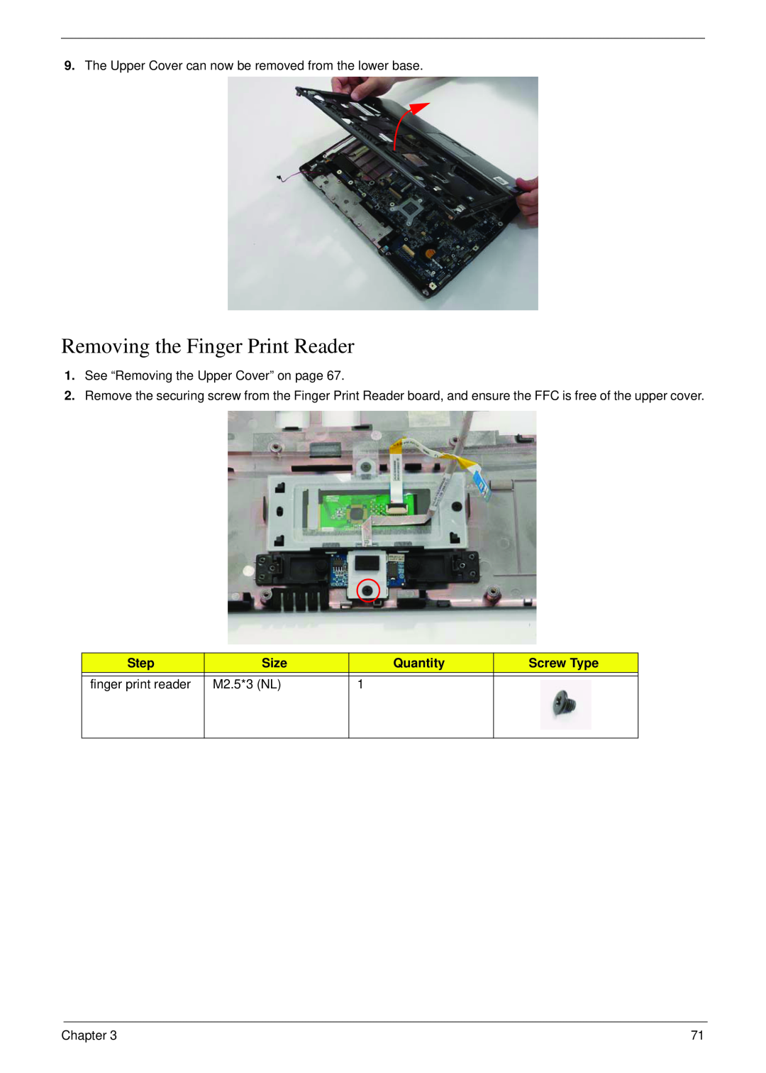 Acer 4730 manual Removing the Finger Print Reader, finger print reader 