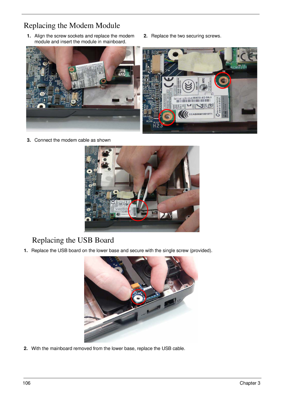 Acer 4730G manual Replacing the Modem Module, Replacing the USB Board 