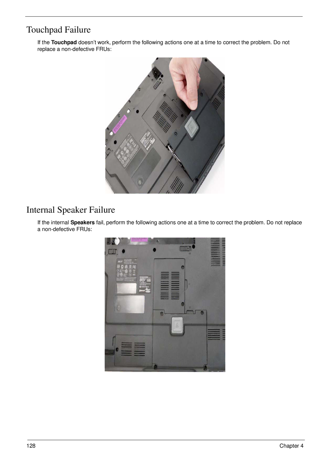 Acer 4730G manual Touchpad Failure, Internal Speaker Failure 