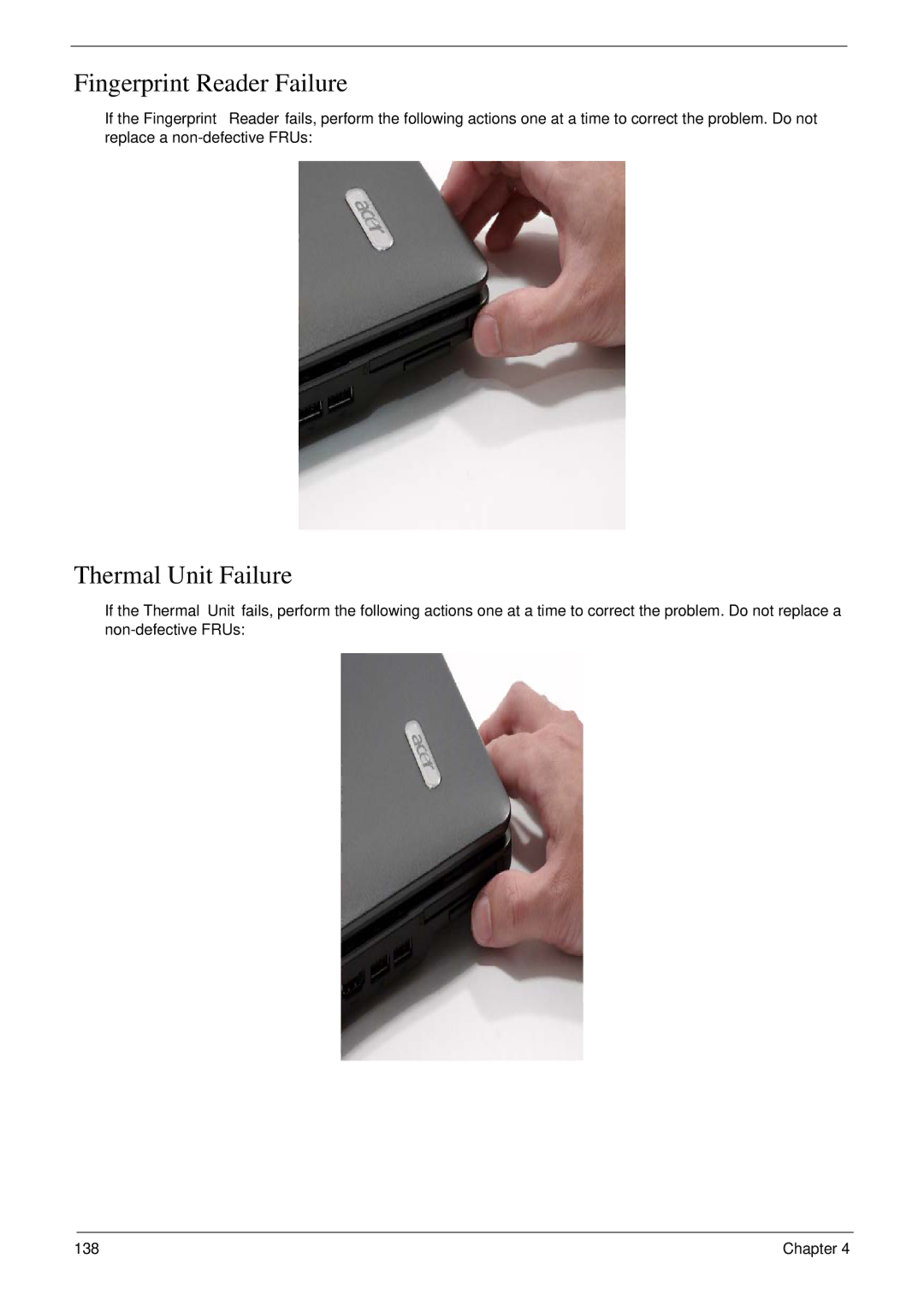 Acer 4730G manual Fingerprint Reader Failure, Thermal Unit Failure 