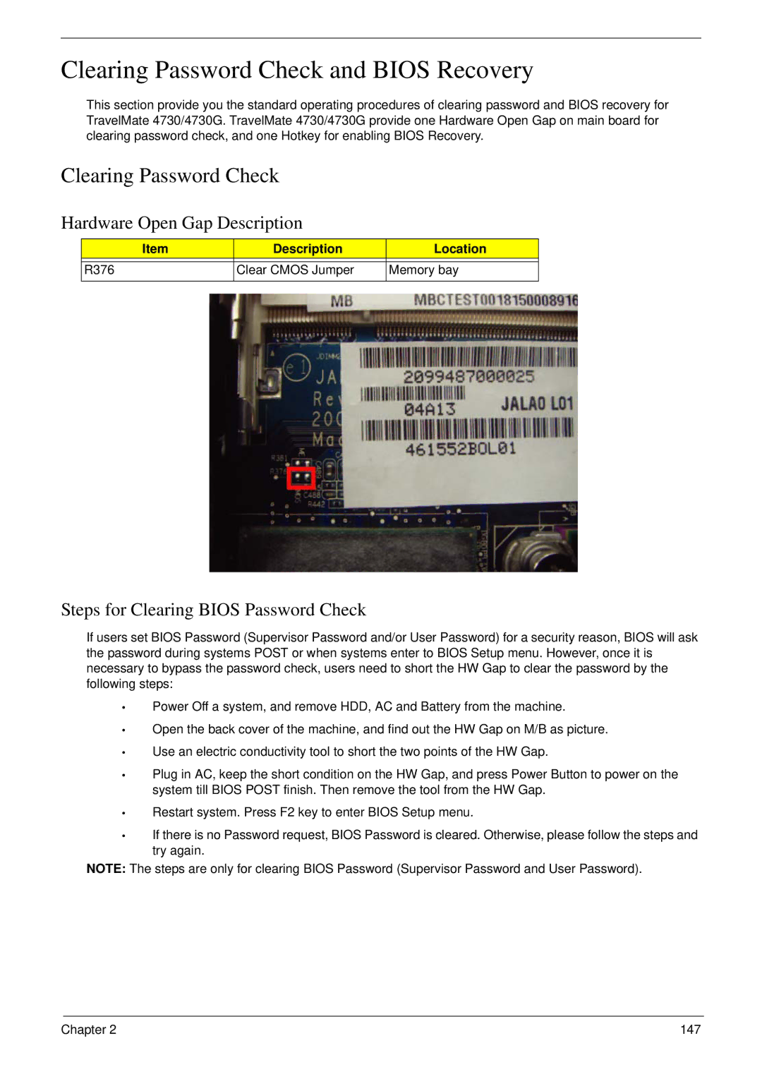 Acer 4730G manual Clearing Password Check and Bios Recovery, Hardware Open Gap Description 