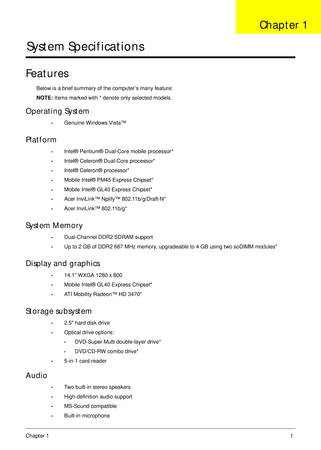 Acer 4330, 4730ZG manual Chapter, Features 