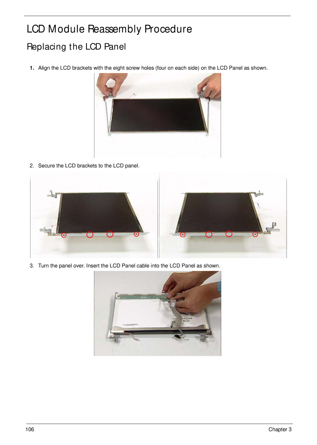 Acer 4330, 4730ZG manual LCD Module Reassembly Procedure, Replacing the LCD Panel 