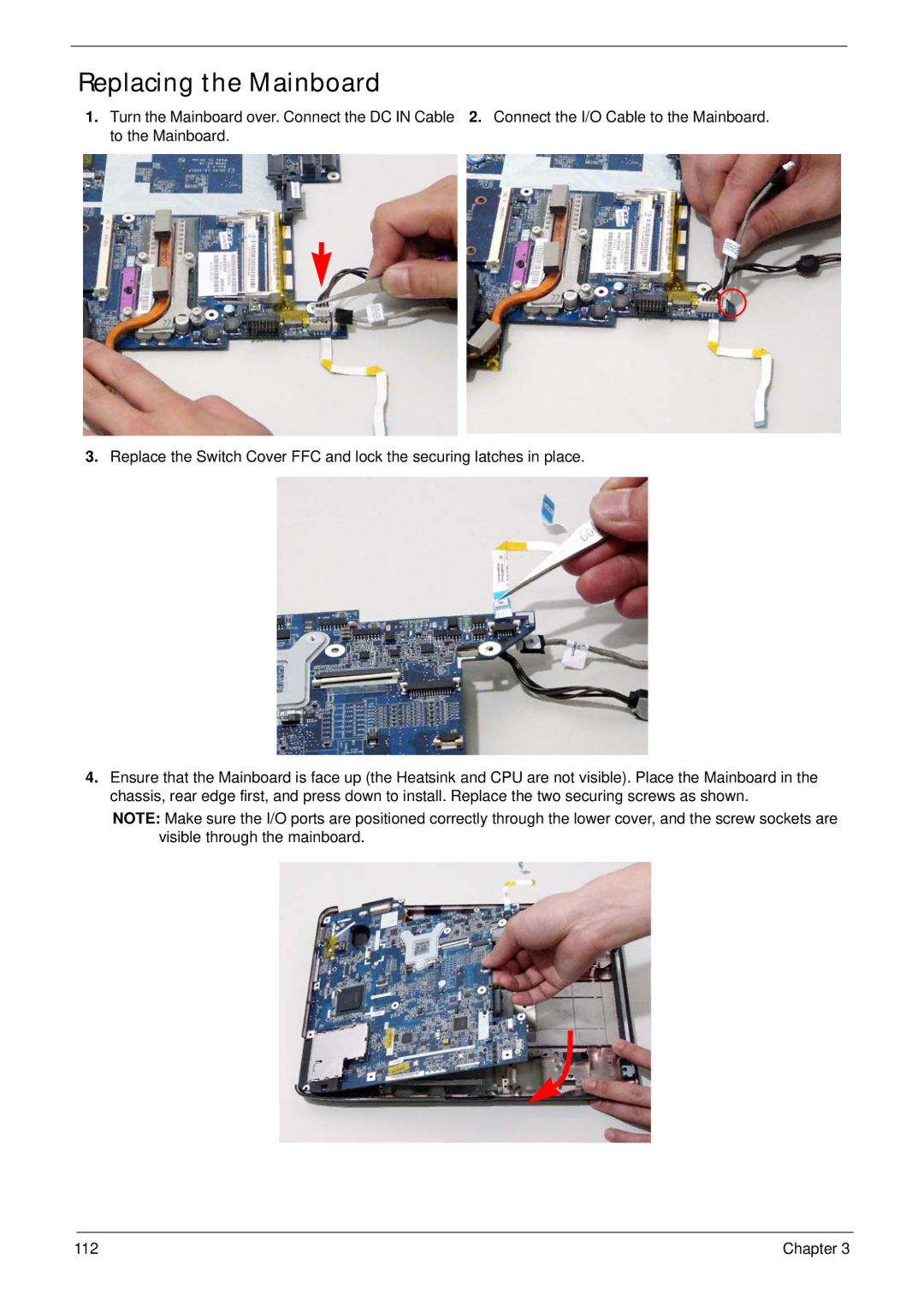 Acer 4330, 4730ZG manual Replacing the Mainboard 