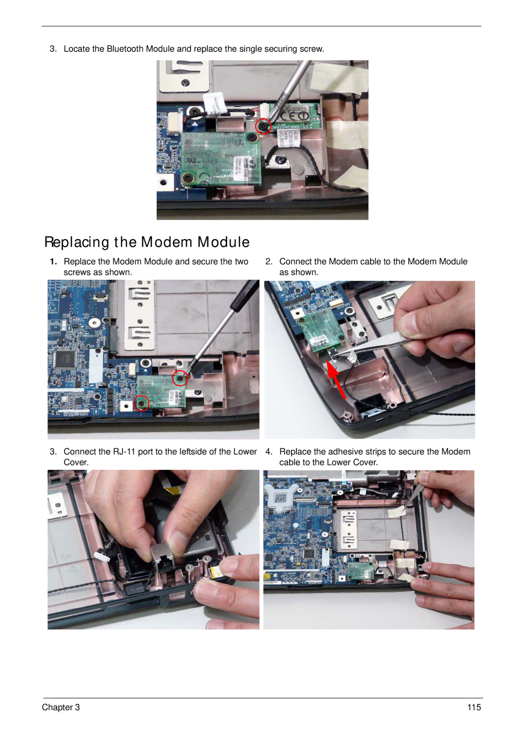 Acer 4330, 4730ZG manual Replacing the Modem Module 