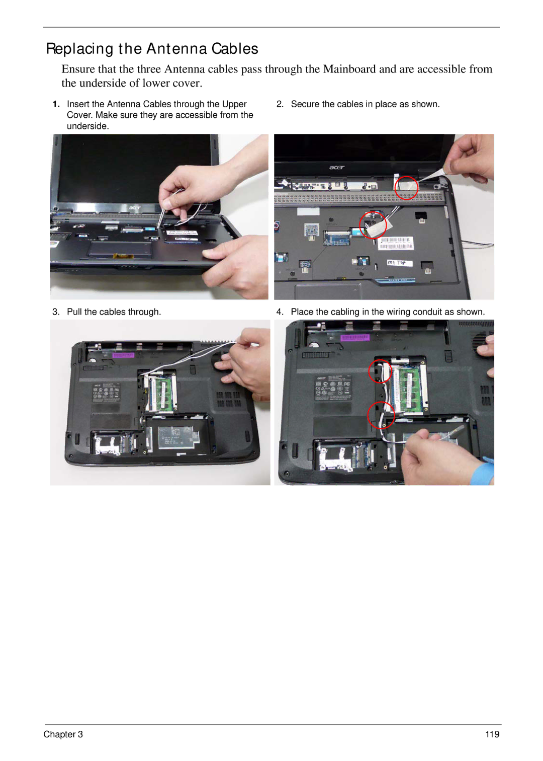 Acer 4730ZG, 4330 manual Replacing the Antenna Cables 