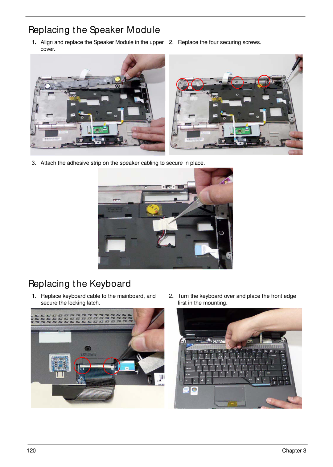 Acer 4730ZG, 4330 manual Replacing the Speaker Module, Replacing the Keyboard 