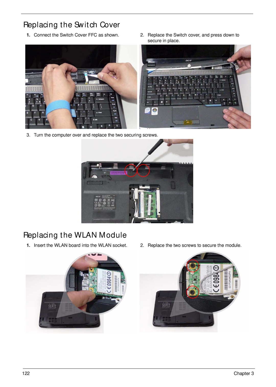 Acer 4730ZG, 4330 manual Replacing the Switch Cover, Replacing the Wlan Module 