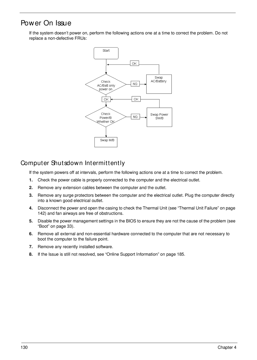 Acer 4330, 4730ZG manual Power On Issue, Computer Shutsdown Intermittently 