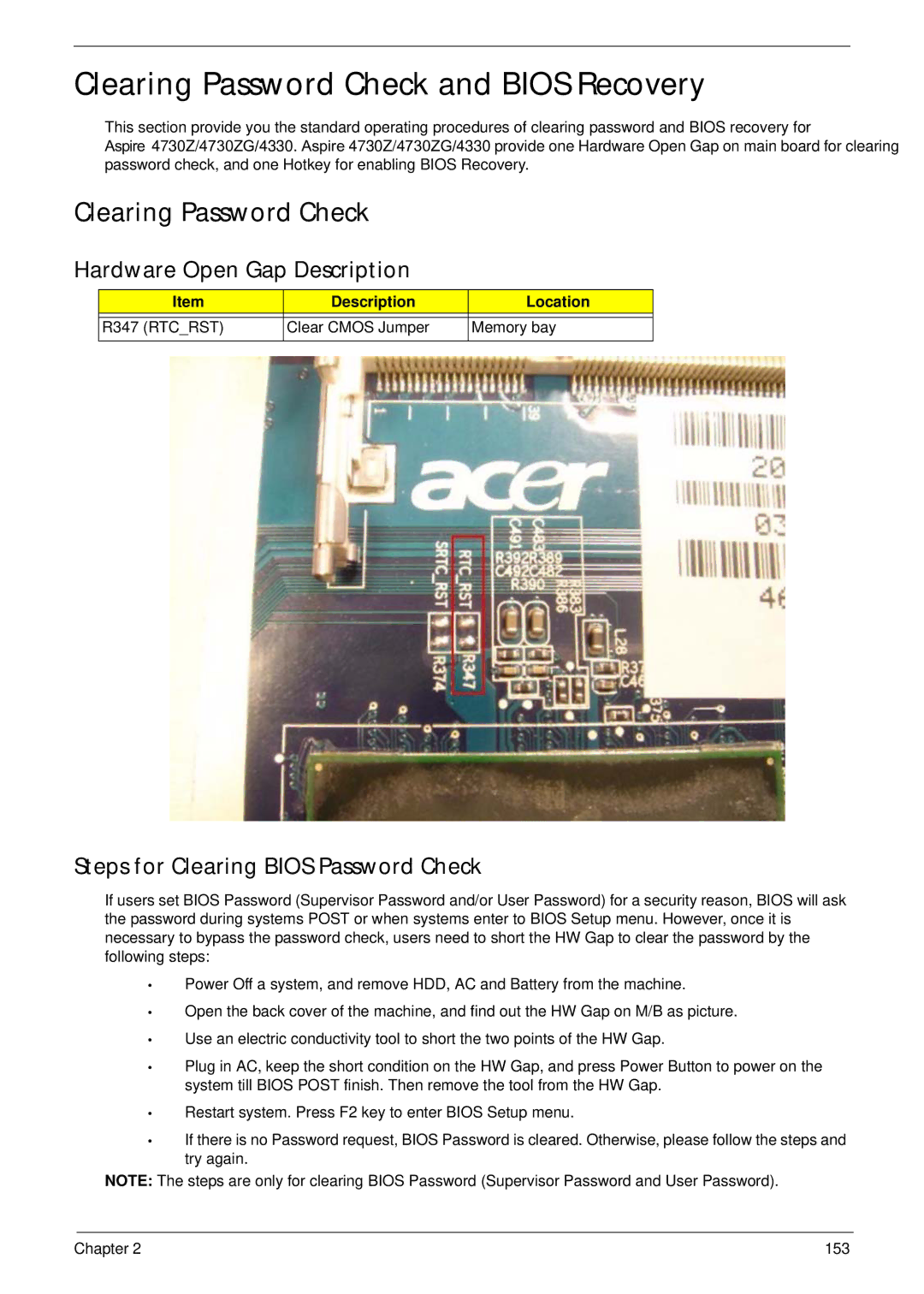 Acer 4730ZG, 4330 manual Clearing Password Check and Bios Recovery, Hardware Open Gap Description 