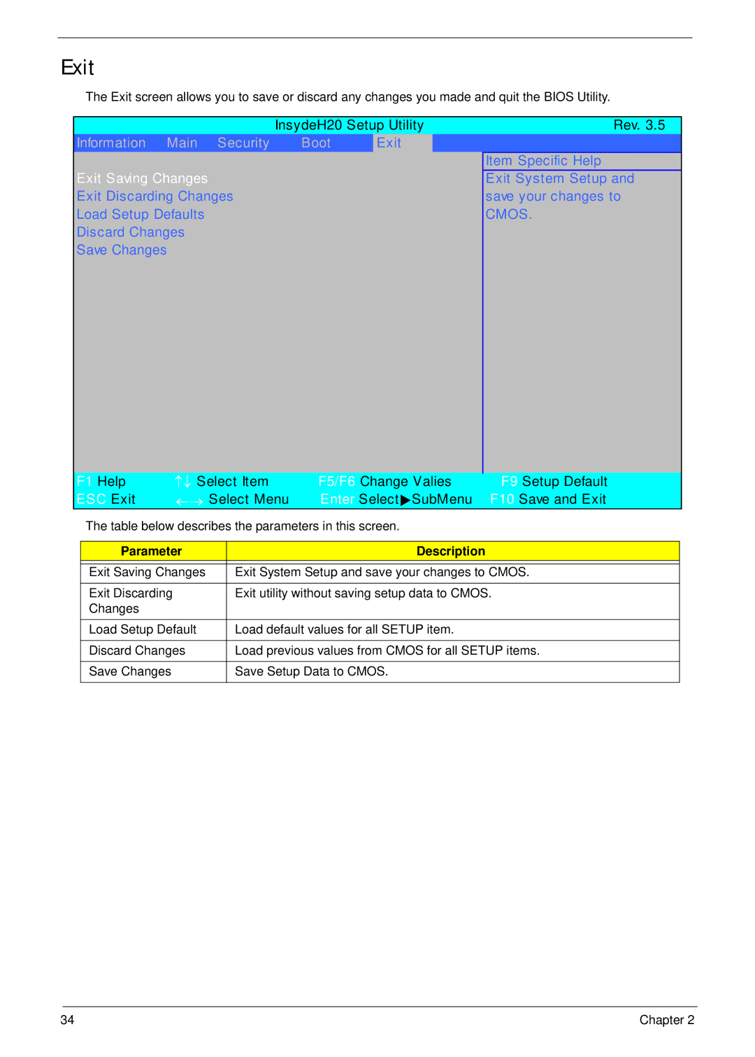 Acer 4330, 4730ZG manual Exit Saving Changes 