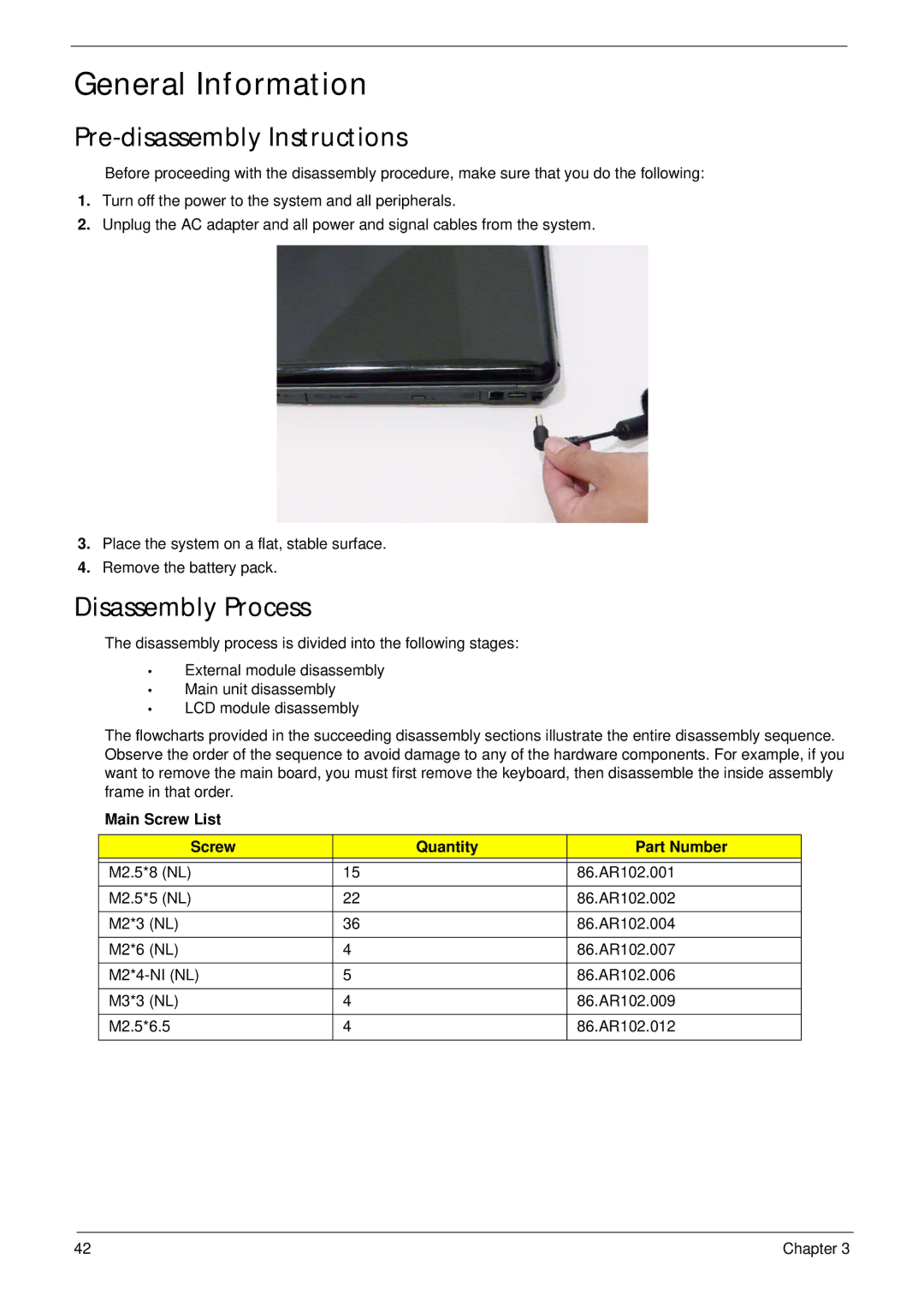 Acer 4730Z General Information, Pre-disassembly Instructions, Disassembly Process, Main Screw List Quantity Part Number 