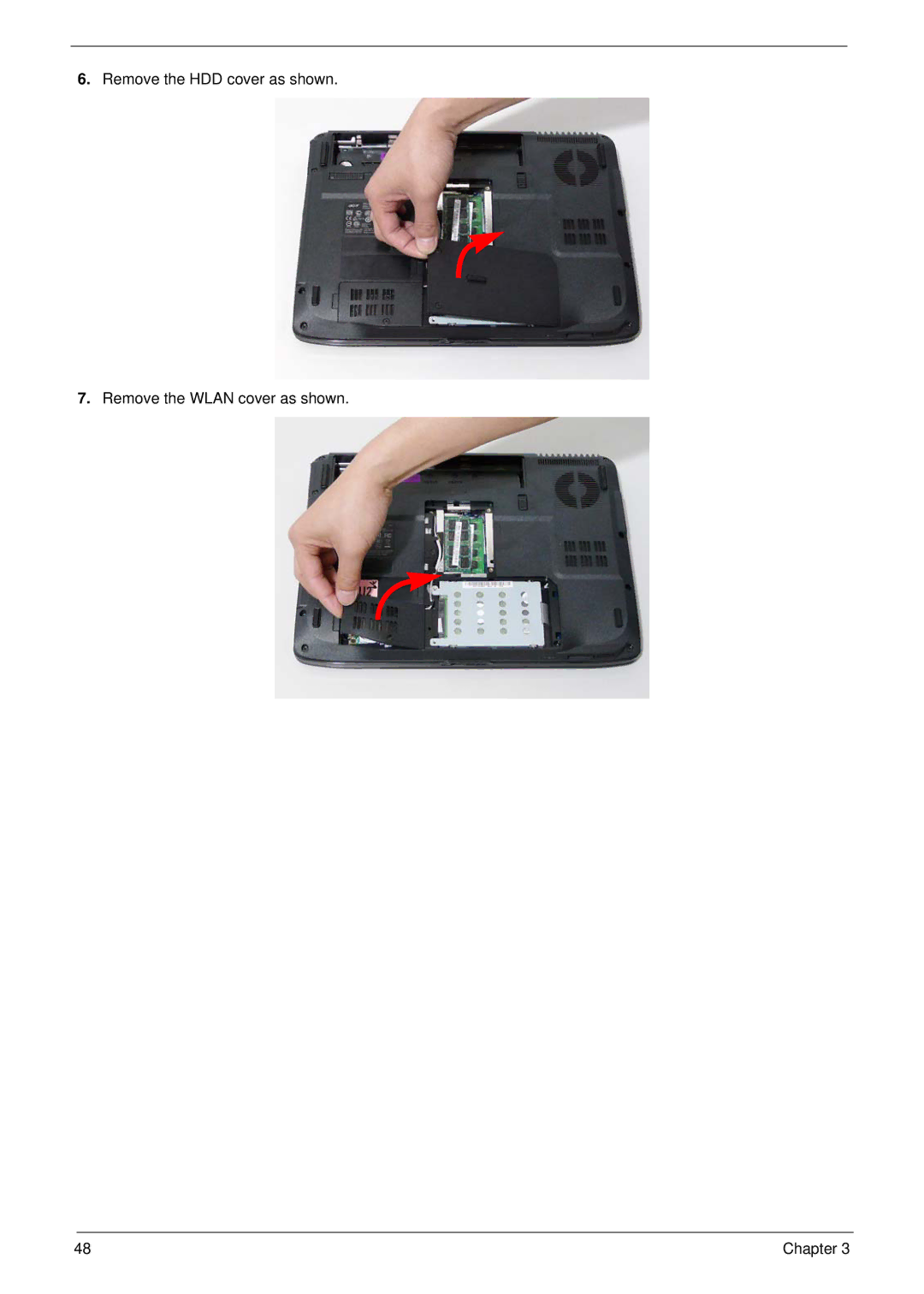 Acer 4730ZG, 4330 manual Remove the HDD cover as shown Remove the Wlan cover as shown 