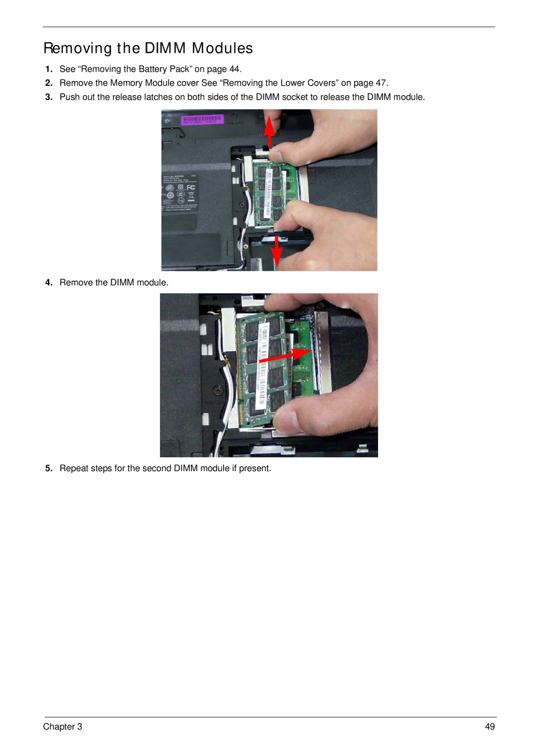 Acer 4330, 4730ZG manual Removing the Dimm Modules 