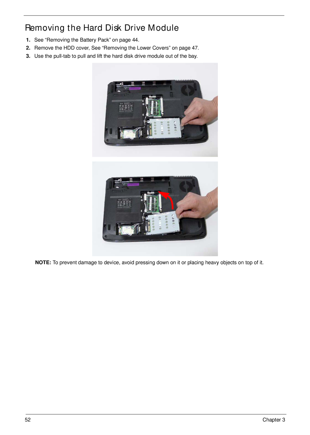 Acer 4330, 4730ZG manual Removing the Hard Disk Drive Module 