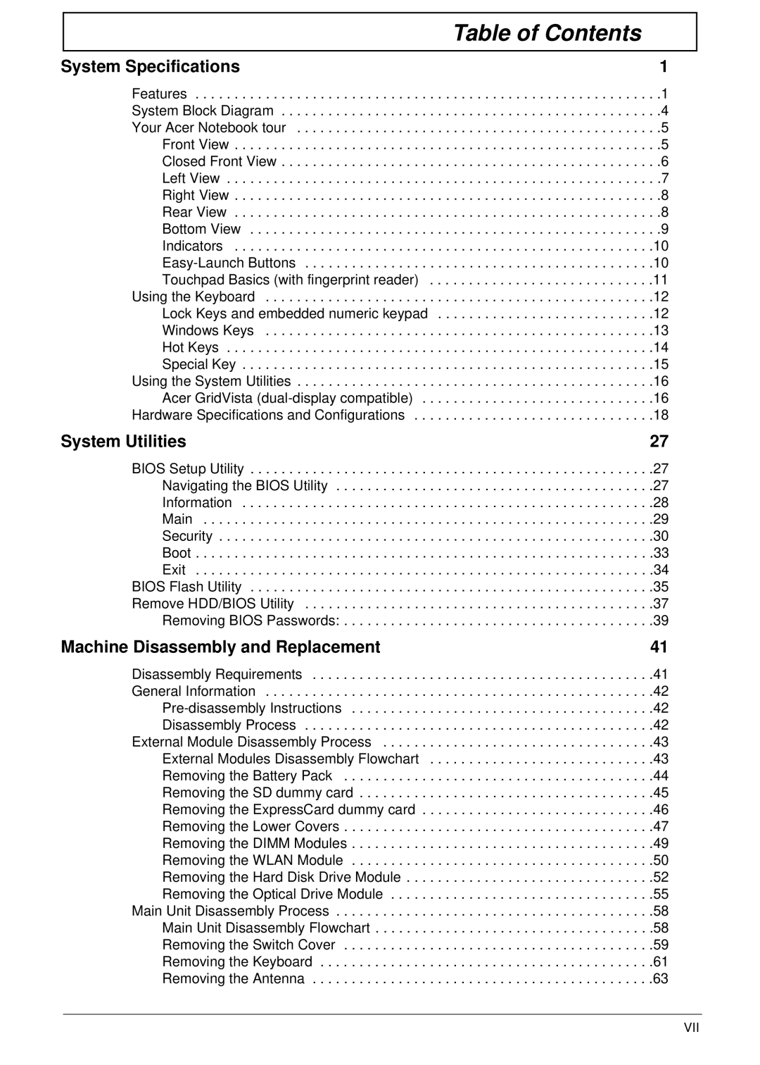 Acer 4730ZG, 4330 manual Table of Contents 