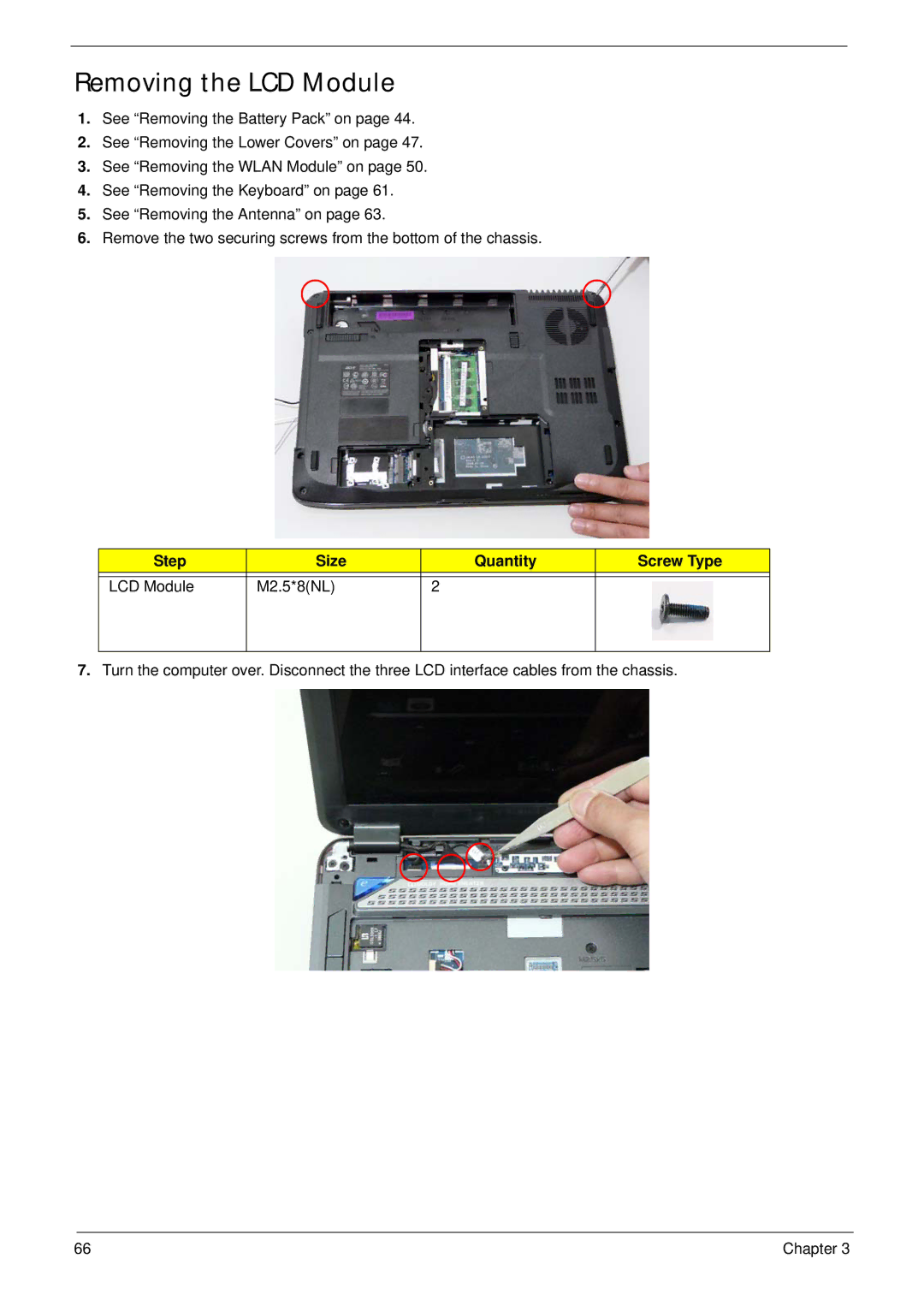 Acer 4730ZG, 4330 manual Removing the LCD Module, Step Size Quantity Screw Type LCD Module M2.5*8NL 