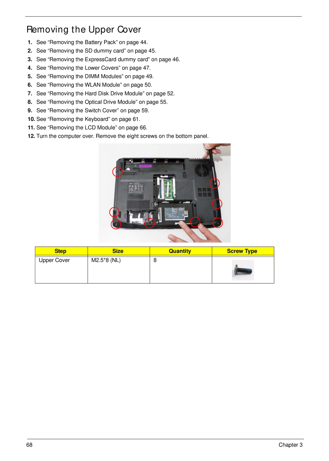 Acer 4730ZG, 4330 manual Removing the Upper Cover, Step Size Quantity Screw Type Upper Cover M2.5*8 NL 