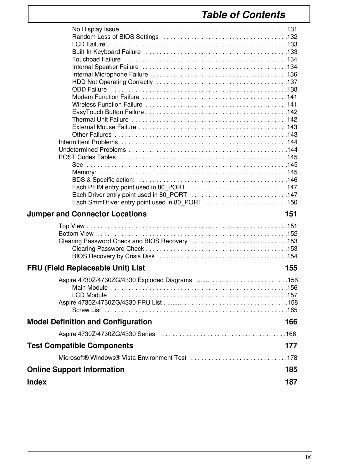 Acer 4730ZG, 4330 manual Model Definition and Configuration 166 