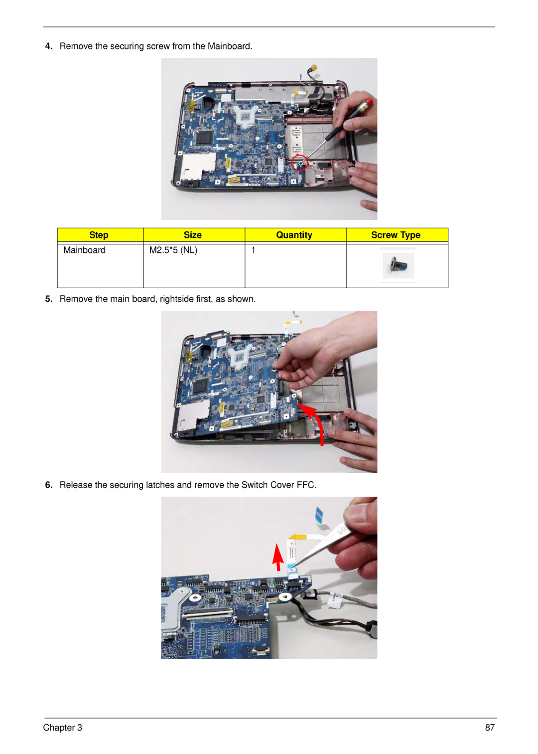 Acer 4730ZG, 4330 manual Step Size Quantity Screw Type Mainboard M2.5*5 NL 