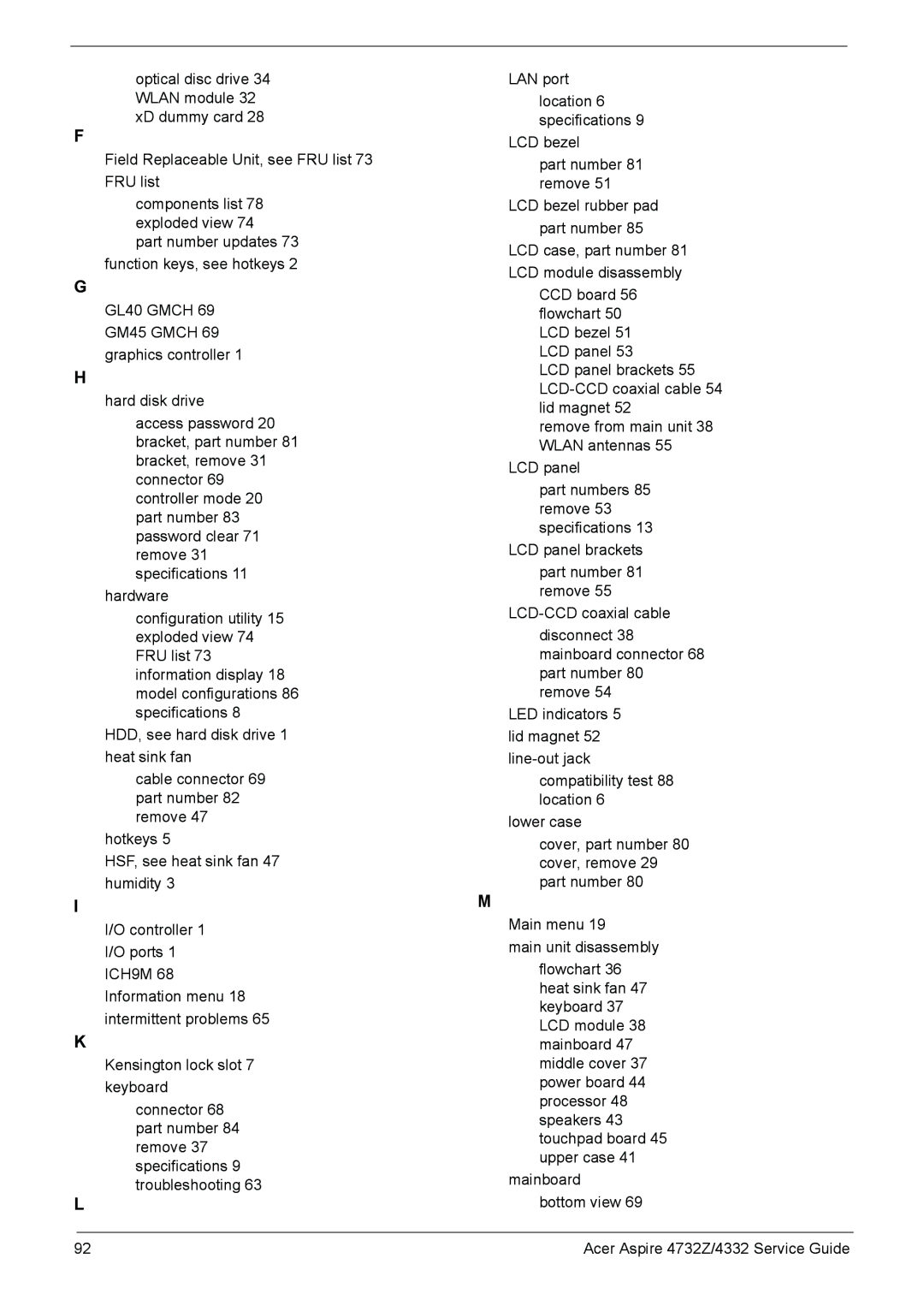 Acer 4732Z/4332 manual Components list 78 exploded view 