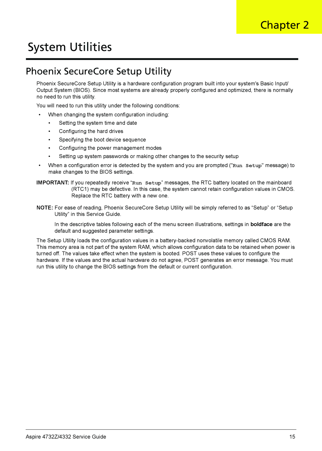 Acer 4732Z/4332 manual System Utilities, Phoenix SecureCore Setup Utility 