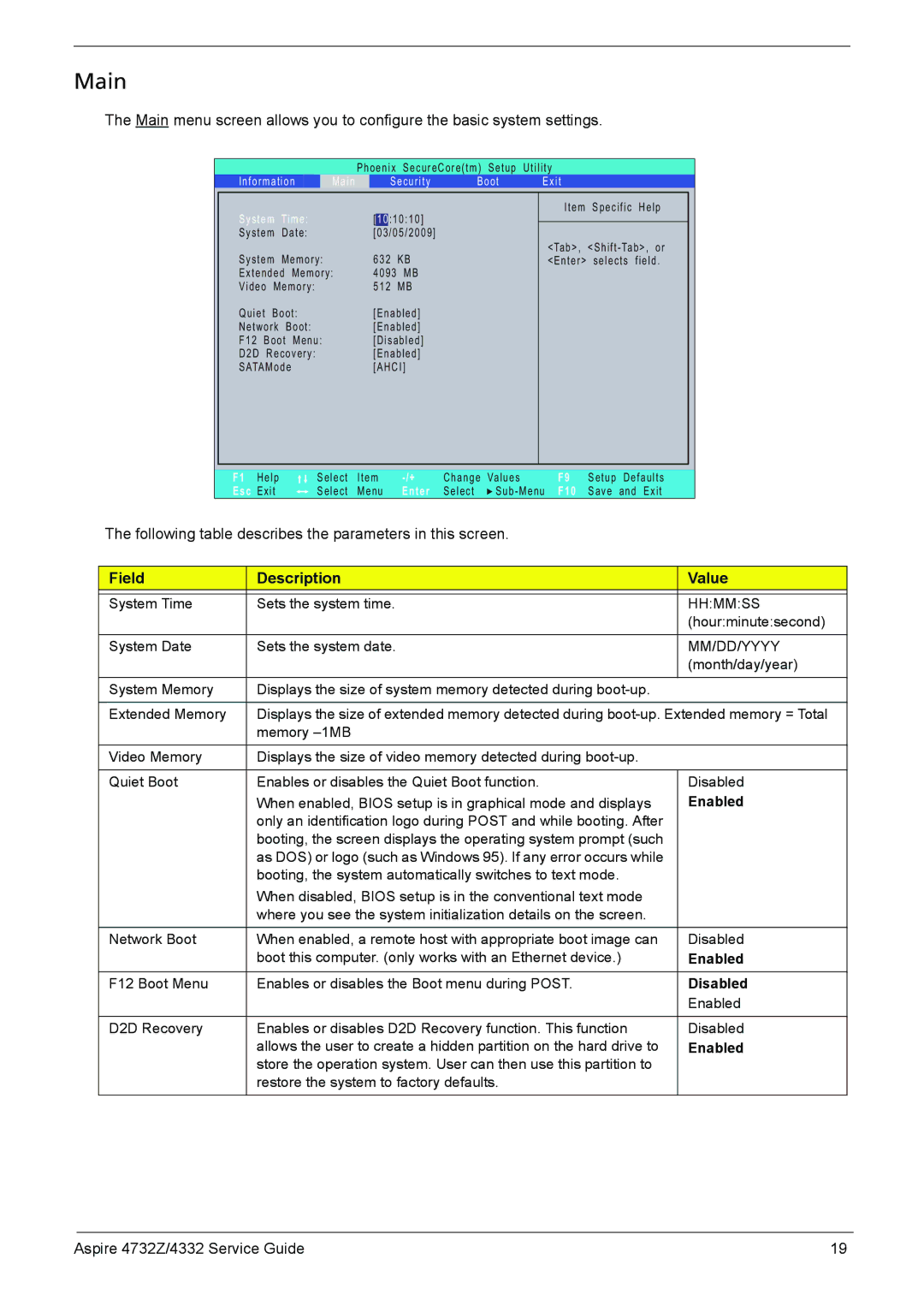 Acer 4732Z/4332 manual Main, Field Description Value, Enabled, Disabled 