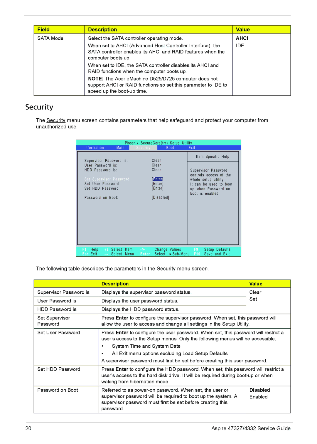 Acer 4732Z/4332 manual Security, Field Description Value 