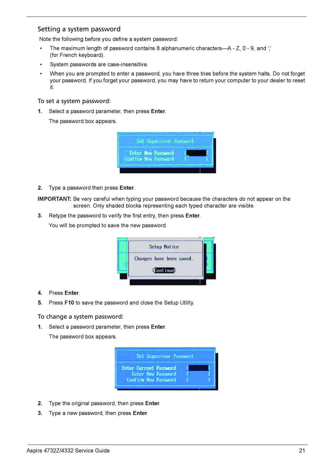 Acer 4732Z/4332 manual Setting a system password 