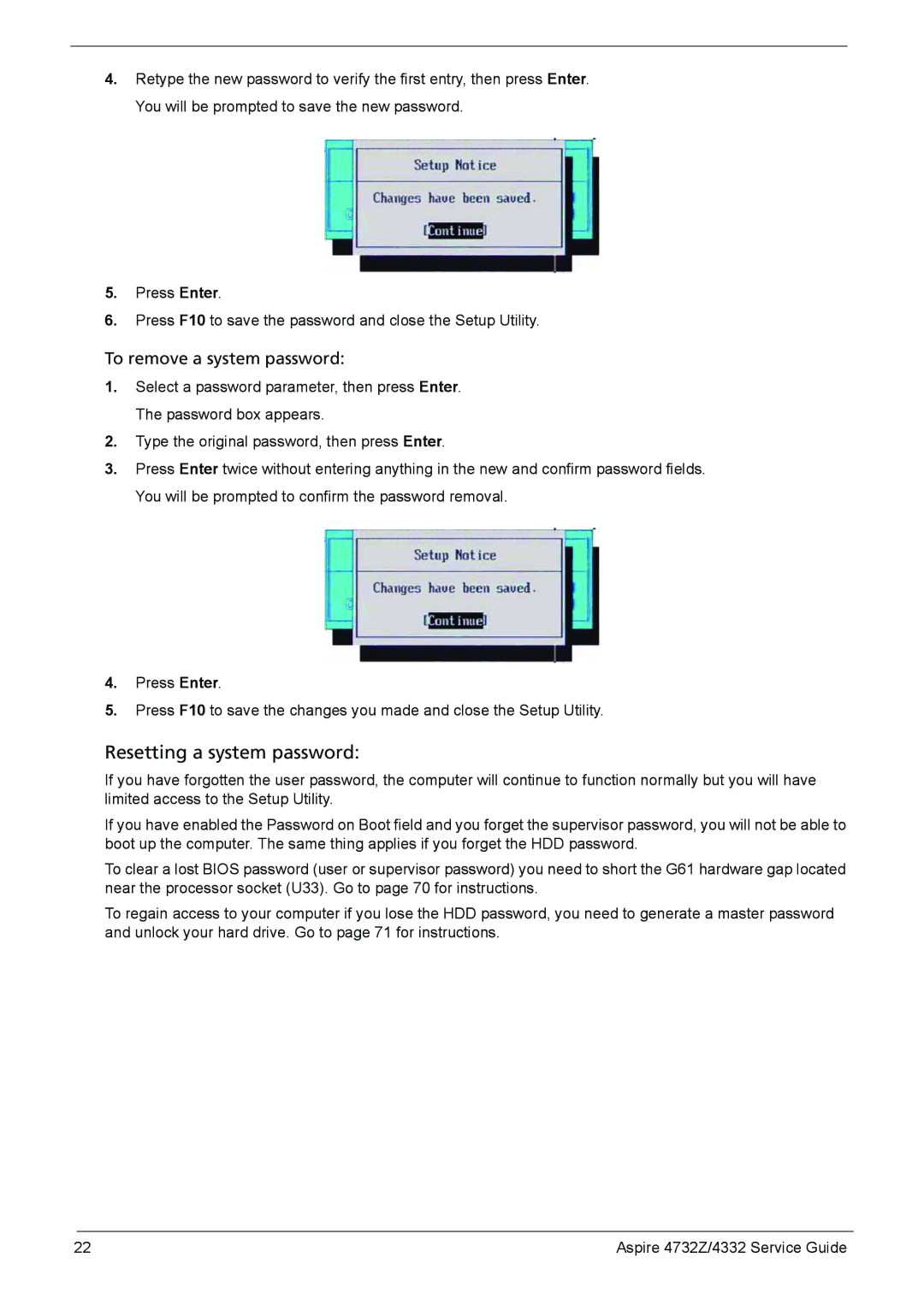 Acer 4732Z/4332 manual Resetting a system password 