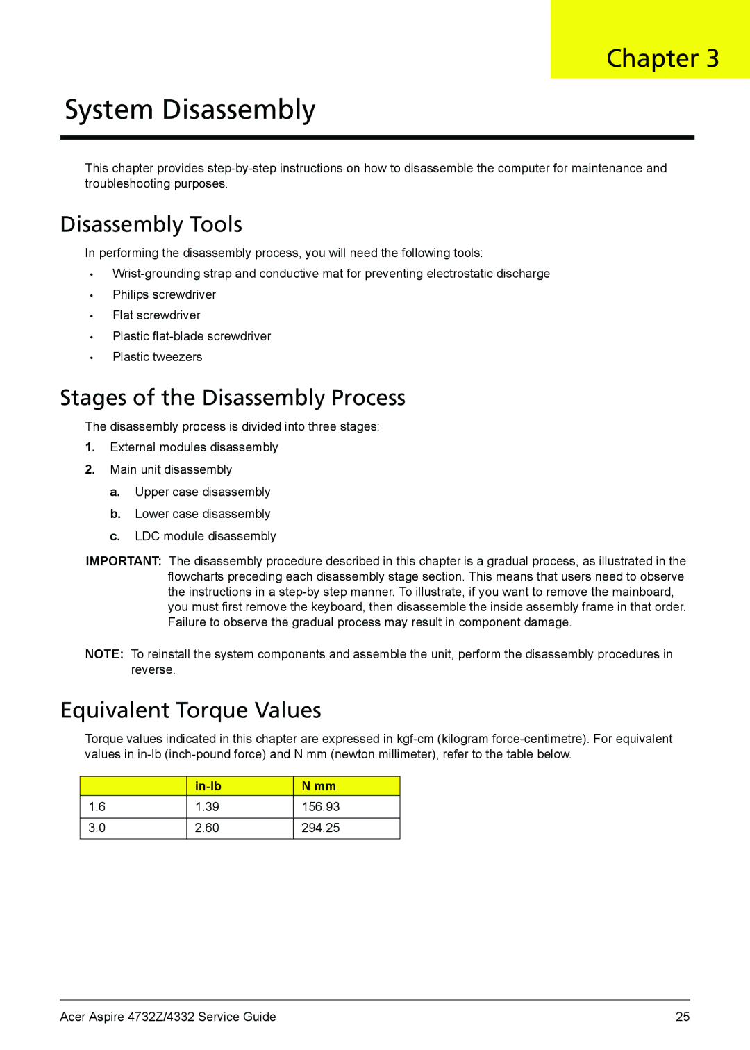 Acer 4732Z/4332 manual Disassembly Tools, Stages of the Disassembly Process, Equivalent Torque Values, Kgf-cm In-lb 