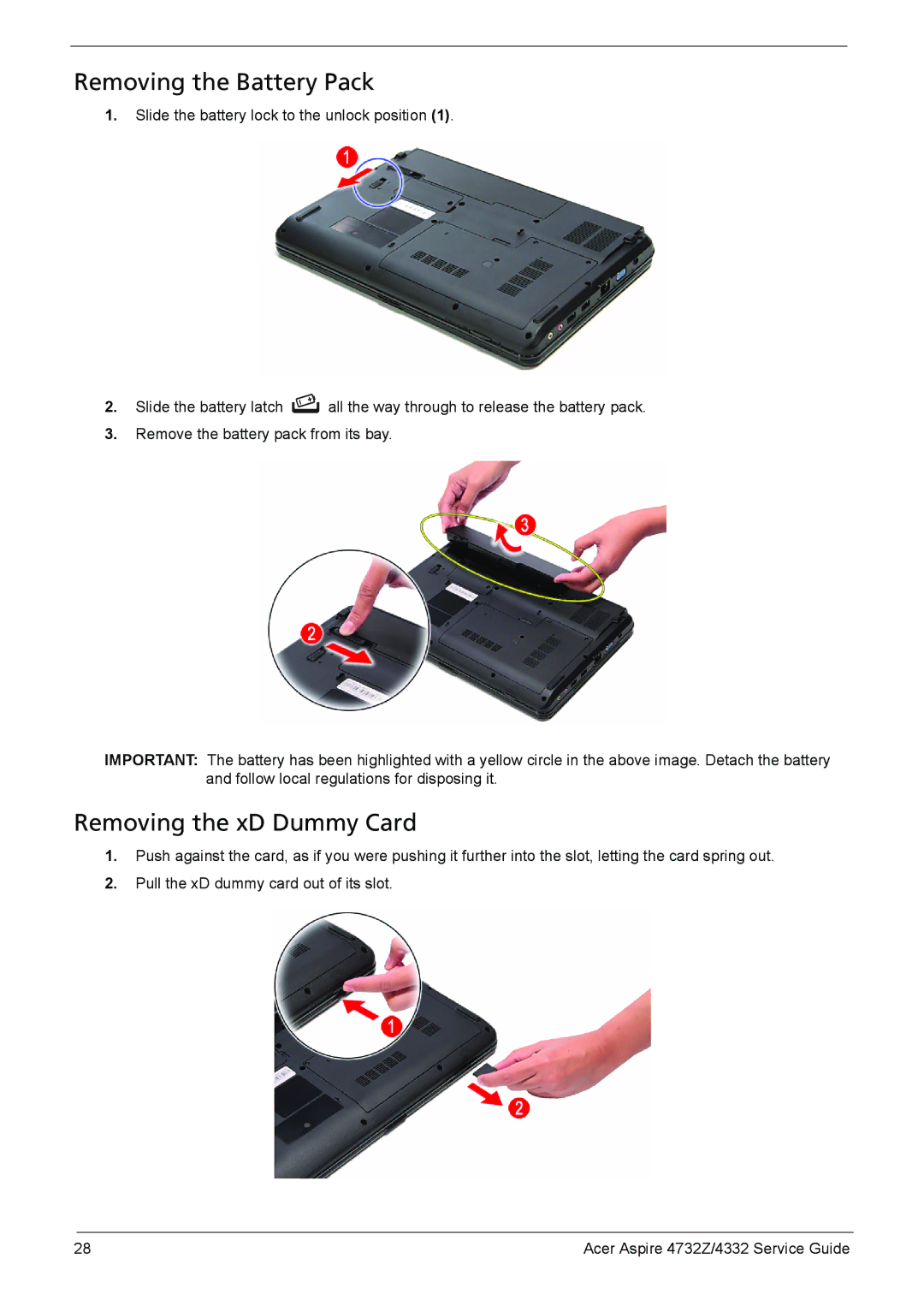 Acer 4732Z/4332 manual Removing the Battery Pack, Removing the xD Dummy Card 