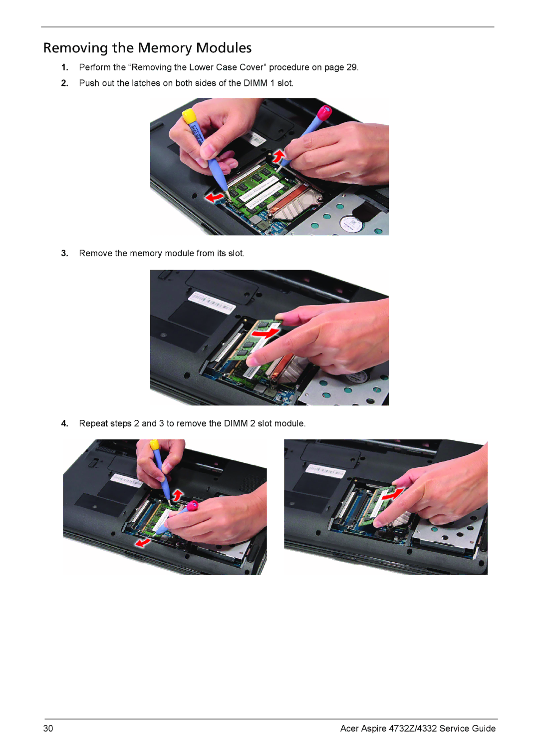 Acer 4732Z/4332 manual Removing the Memory Modules 