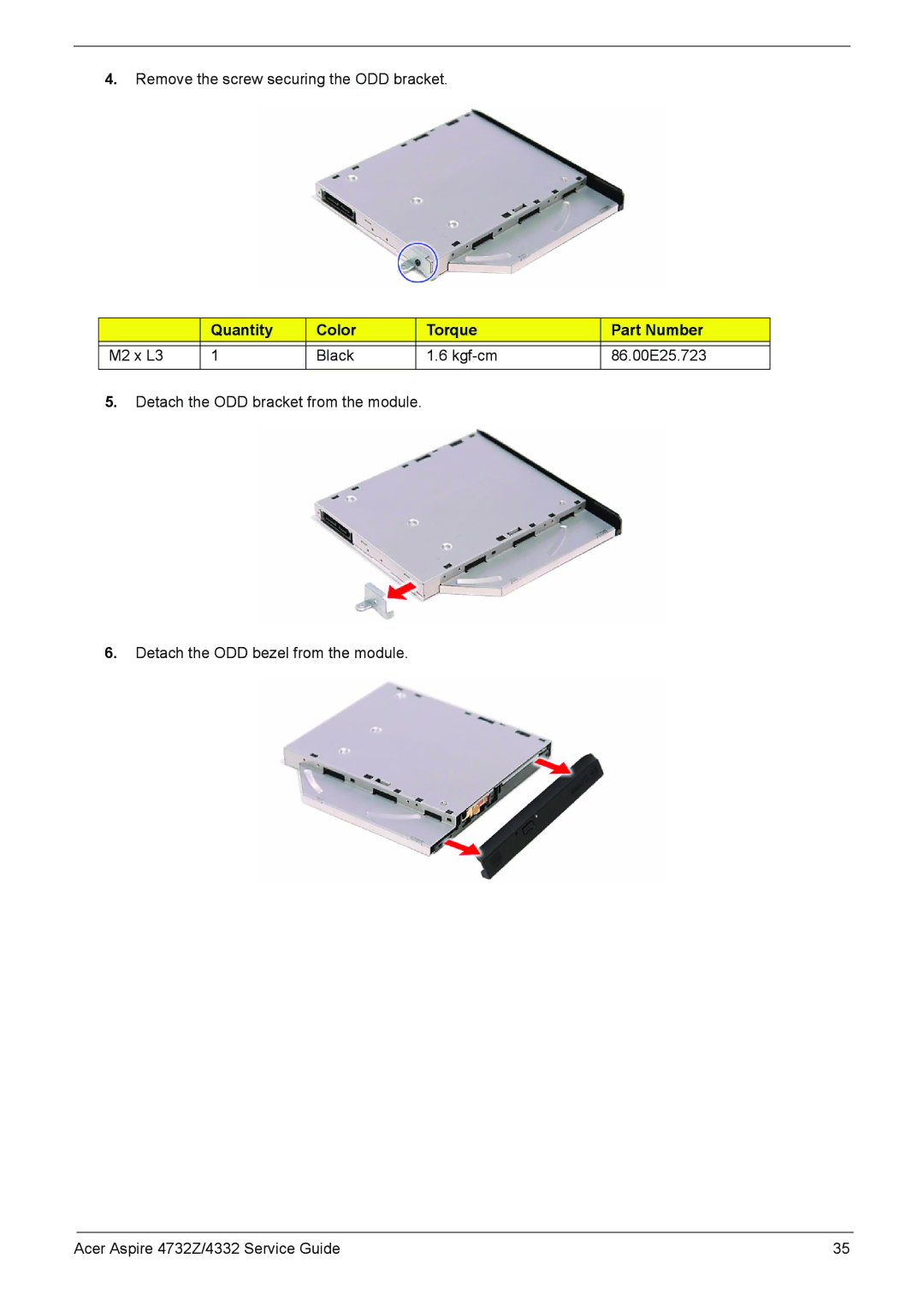 Acer 4732Z/4332 manual Remove the screw securing the ODD bracket 